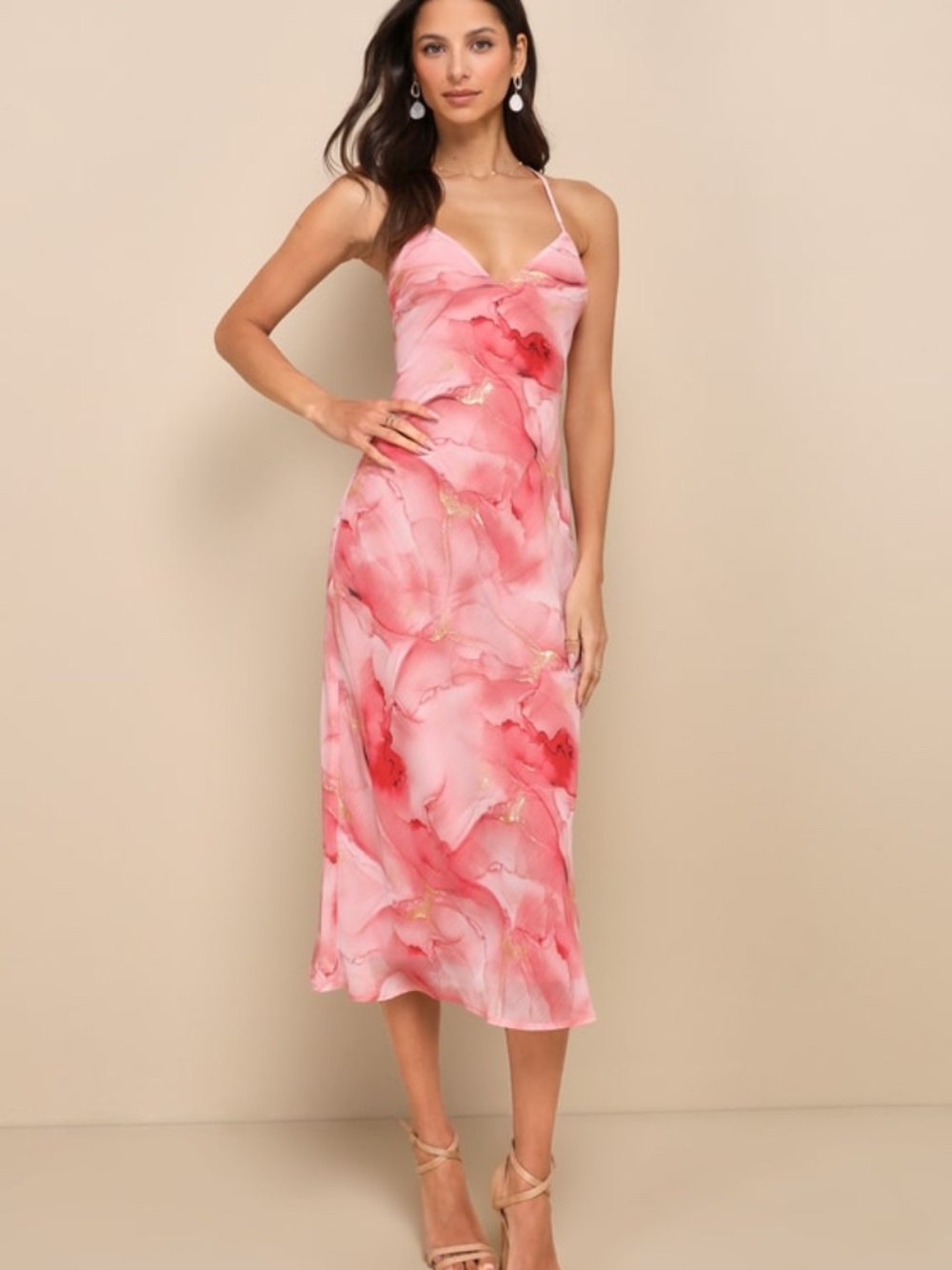 Lulus Bright Charm Pink Abstract Print Chiffon Slip Midi Dress - Size XS